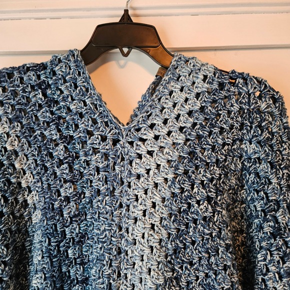 Hand Crocheted Chunky Blue Sweater Silver Maple Stitches Hooded Oversized Heavy - Picture 3 of 11